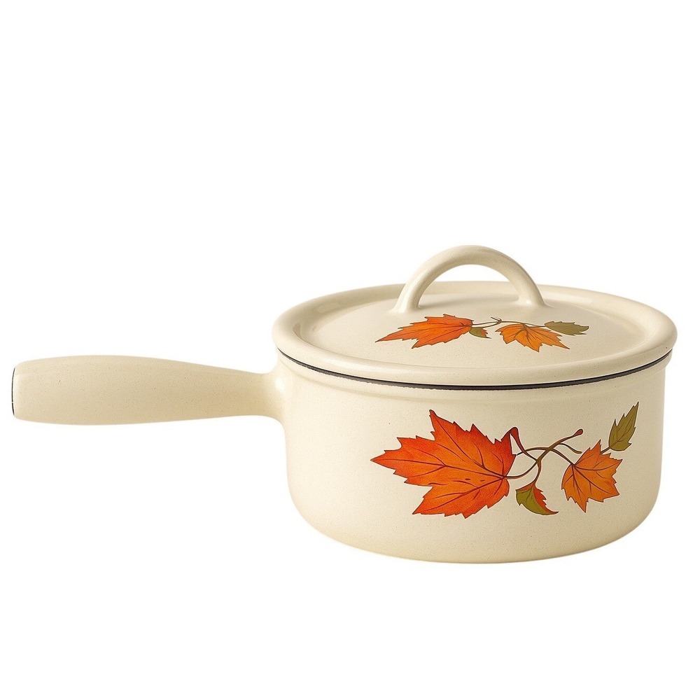 Vintage Descoware Belgium Enameled Cast Iron Sauce Pan Maple Leaf 16 Lid Cream